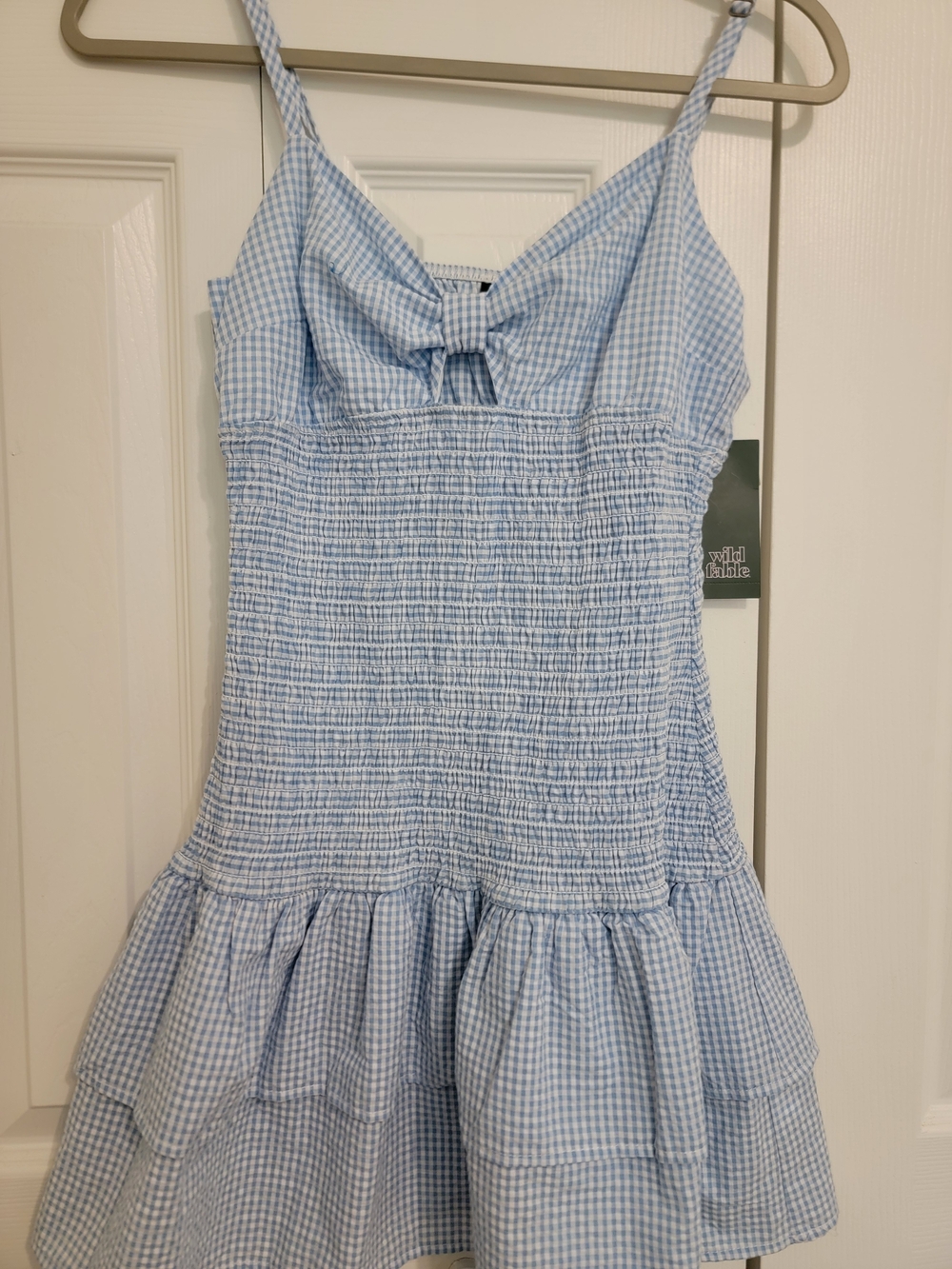 Light Blue Gingham Smocked Dress with Bow
